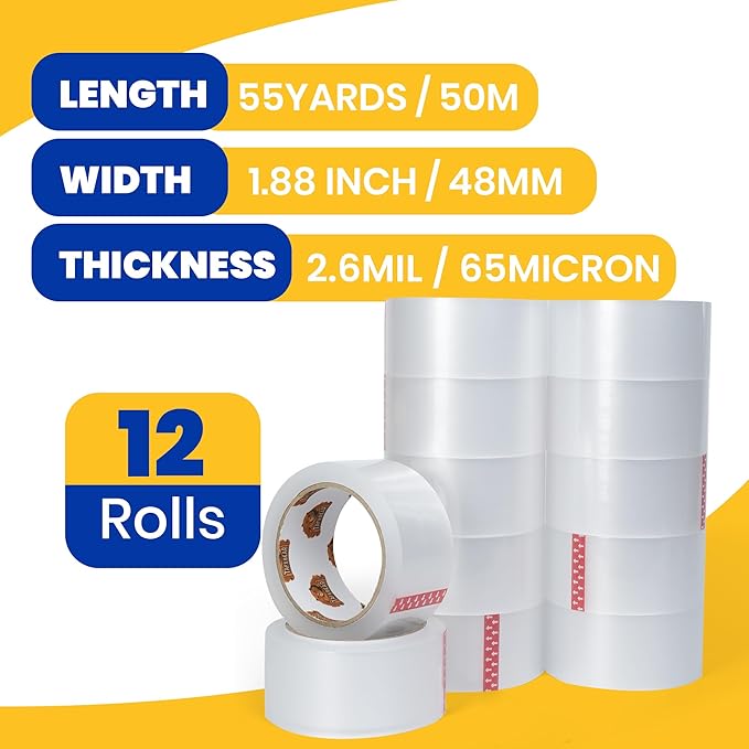 Clear Packing Tape 12 Rolls, Heavy Duty Shipping Tape 1.88 Inch x 55 Yard Packaging Tape 2.6mil Thick Transparent Tape Refills for Moving, Storage, Sealing, 660 Total Yards