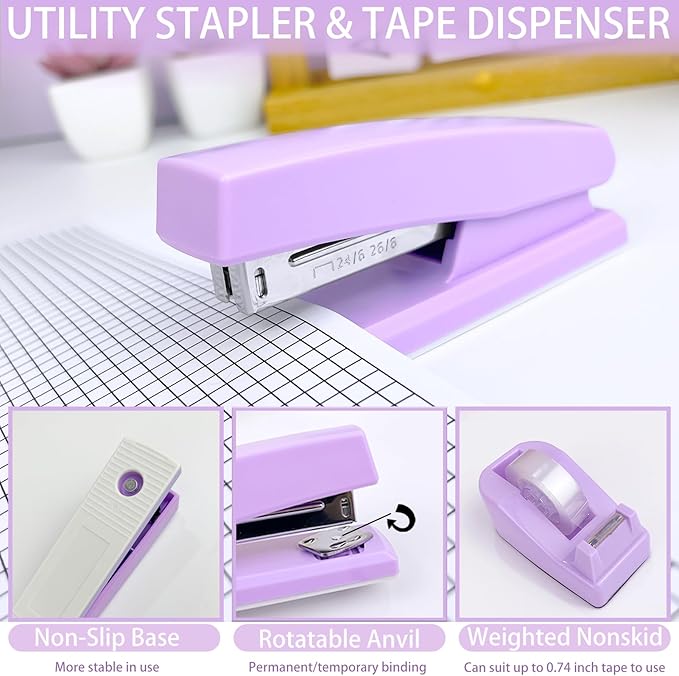 Purple Desk Accessories Set - 16 Pcs Purple Office Supplies with Stapler, Tape Dispenser, Pen Holder, Staple Remover, Hole Punch, Staples Aesthetics Desk Sets for Office, Home, School Women