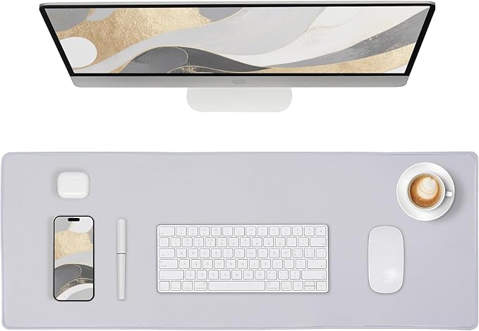 ALOANES Silvery Waterproof Desk Mat, Large Mouse Pad with Extended Mouse Mat, with Anti Slip Base, Stitched Edge, Grain Jacquard Surface, Perfect for Gamer, Office & Home, 11.81''x31.50''x0.12''