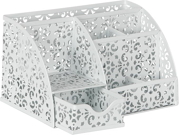 EasyPAG Pen Holder Desk Organizer with Drawer Pencil Cup for Desk 6 Compartments Metal Office Caddy Storage with Sticky Notes Holder for School Home Office, White