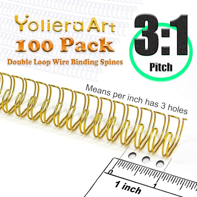 1/2 Inch Wire Cinch Book Binding Gold 3:1 Pitch, 100 Pack Double Loop Metal Spiral for Bindings Fit for School Office Notebook Maker, YolieraArt Office Products Binding Combs 100 Sheet Capacity