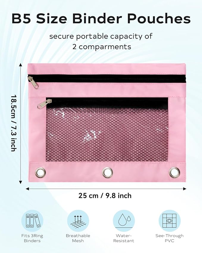 Pink Pencil Pouch for 3 Ring Binder - Zipper Pencil Case Bag Holder Bulk Accessories, Small Clear Window Aesthetic Organizer Pockets 3 Hole School Essentials