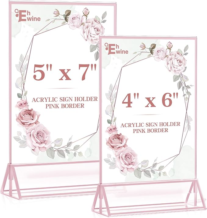 EHWINE 12 Pack Acrylic Sign Holder 5 x 7, Double-Sided Stand up Table Top Sign Holders, Pink Acrylic Picture Frame Menu Flyer Paper Holder Display Stand for Office Business Store Wedding Party