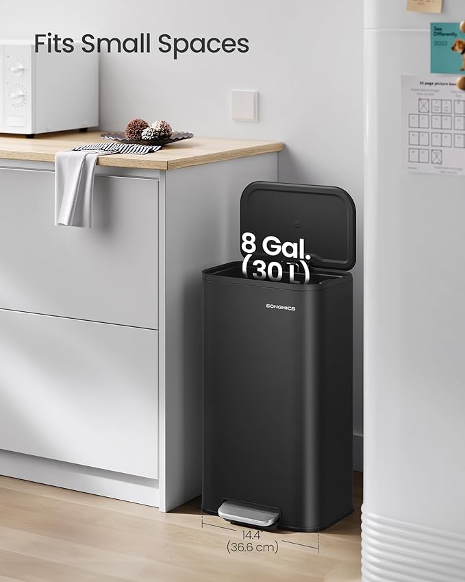 SONGMICS Kitchen Trash Can, 8-Gallon (30 L) Garbage Can with Lid, Stainless Steel, Soft Close and Stays Open, Inner Bucket, Wide Non-Slip Pedal, Ink Black ULTB546B01