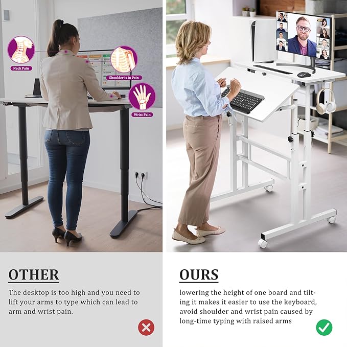 Small Standing Desk with Wheels, Mobile Stand Up Desk, Portable Standing Table on Wheels for Walking Pad, Rolling Computer Desk Adjustable Height, Tall Table