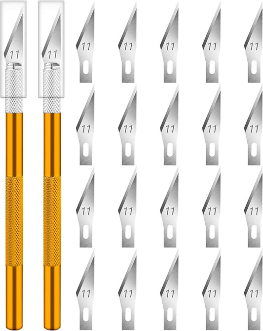 DIYSELF 2 Pack Exacto Knife Set, Precision Knife for Paper, Carving Blades for Crafts, Craft Knife for Wallpaper, Art Knives, Hobby Knife with 20 High Carbon Steel Exacto Knife Blade #11(Gold)