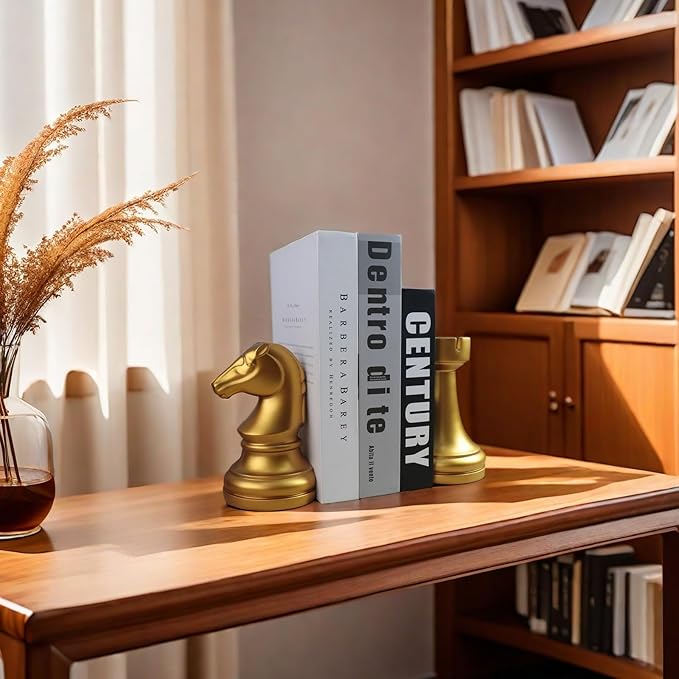 Chess Bookends, Office Decorative Bookends for Shelves, Heavy Bookends Book Stoppers Book Holders for Desk Decoration, 7x7x4 inches, Black,1Pair/2Piece