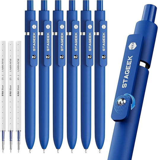 Blue Gel Pens, 6Pcs Quick Dry Blue Ink Pens with 3 Extra Refills, Fine Point Retractable Smooth Writing Pens for Journaling, Office, Note Taking, School Supplies, Nurse Aesthetic(Blue)