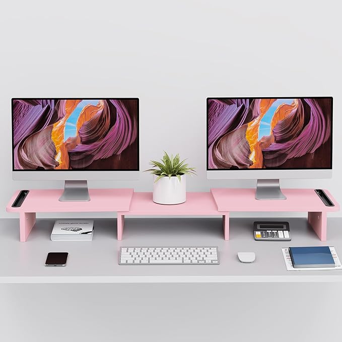 Zimilar Dual Monitor Stand Riser, Monitor Stand with Adjustable Length and Angle, Wood Monitor Stand for Desk, Monitor Riser for 2 Monitors with Storage Space