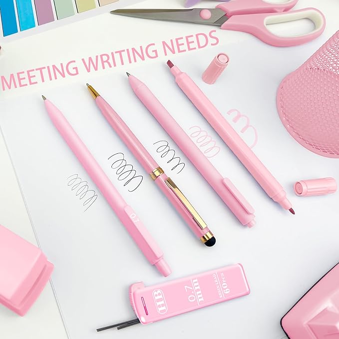 Pink Desk Accessories Set - 16 Pcs Pink Office Supplies with Stapler, Tape Dispenser, Pen Holder, Staple Remover, Hole Punch, Practical Aesthetics Desk Sets for Office, Home, School Women