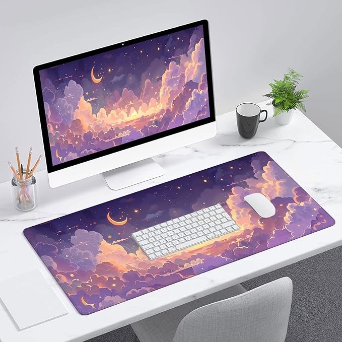 Cute Gaming Mouse Pad Desk Pad Kawaii Pink Purple Gold Clouds Mousepad XL Large Gaming Mouse Pad Laptop Keyboard Mat Desk Pad Office Home Decor for Women Girl 31.5"x11.8"