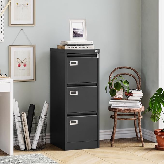 MIIIKO 3 Drawer File Cabinet, Black Metal Vertical Filing Cabinet with Lock, Home Office File Folders Storage Cabinet for Letter Legal A4 File Size