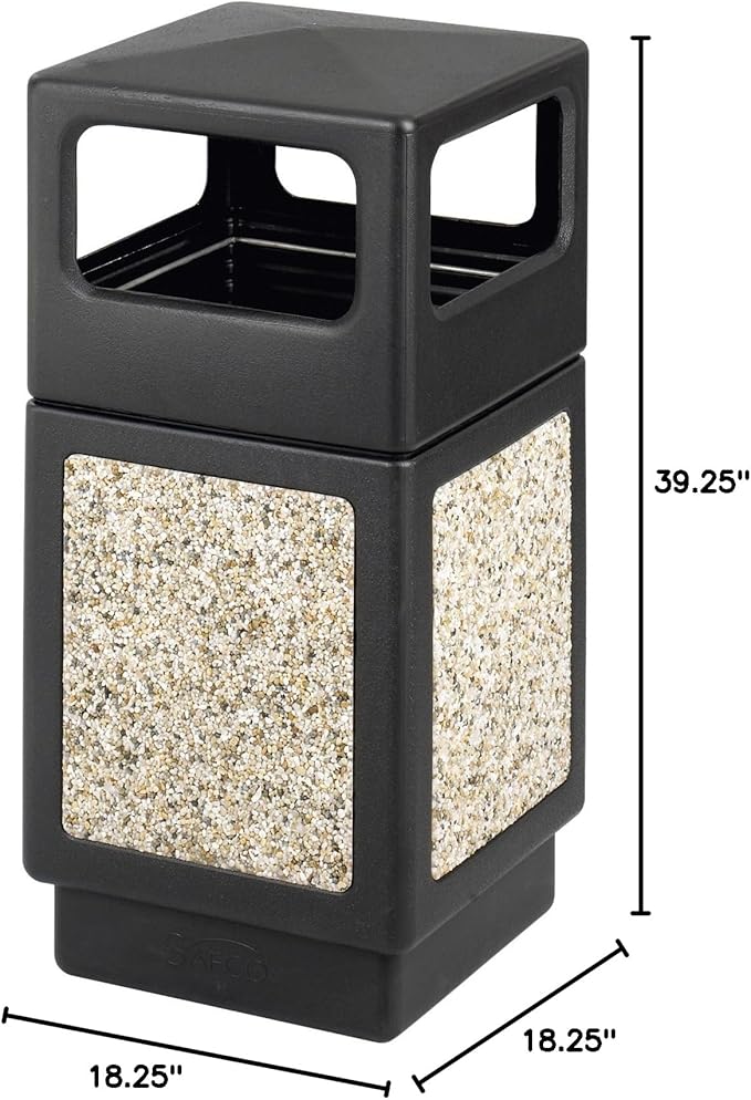 Safco Canmeleon Trash Can, 38 Gallons, Indoor and Outdoor Use, Durable & Weather-Resistant Commercial Garbage Can with Stone Panels, Black