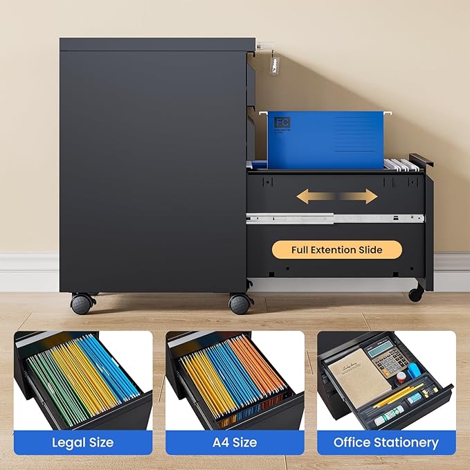 MIIIKO File Cabinet 3 Drawers on Wheels Under Desk, Black Metal Rolling File Cabinets with Lock for Home Office, Un-Assembled Filing Cabinet with Lock