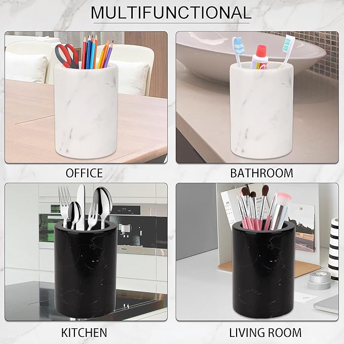 WORHE Natural Marble Pen Holder for Desk, Handcrafted Volakas Sturdy Desk Organizer for Office Supplies Storage Desktop Stationary Makeup Brushes Cup Pencil Holders for Home White (DL002)