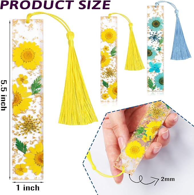 Bookmarks for Women, Kaluofan 2PCS Book Markers for Reading, Durable Handmade Dried Flower Resin Bookmarks with Tassels, Pretty and Increase Reading Interest