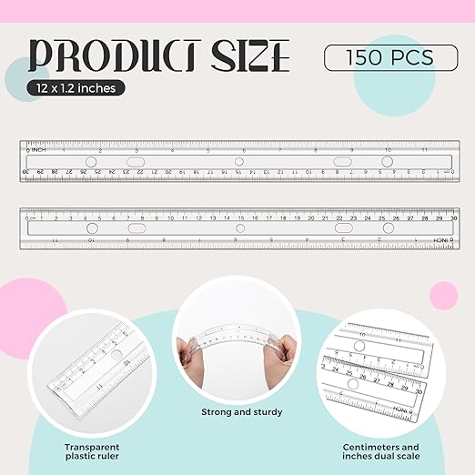 Cholemy 150 Pcs 12 Inch Clear Rulers Bulk Plastic Measuring Rulers Classroom Straight Rulers Bulk with Centimeters and Inches Drafting Measuring Tool for Classroom School Students Families Education