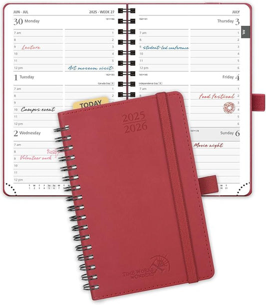 POPRUN Pocket Planner 2025-2026 (Purse Size 4'' x 6.25'') Academic Small Calendar (July 2025 - June 2026) with Hourly Time Slots, 100GSM Thick Papers, Spiral Leather Cover - Burgundy Red