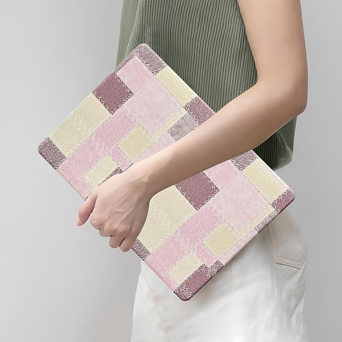 DTangLsm Checkered Case for MacBook Air 13 inch 2025 2024 2023 2022 M4 M3 M2 A3240 A3113 A2681, Checkerboard Grid Textured Leather Hard Shell Cover for MacBook Air 13.6 inch Case & Keyboard Cover,Pink