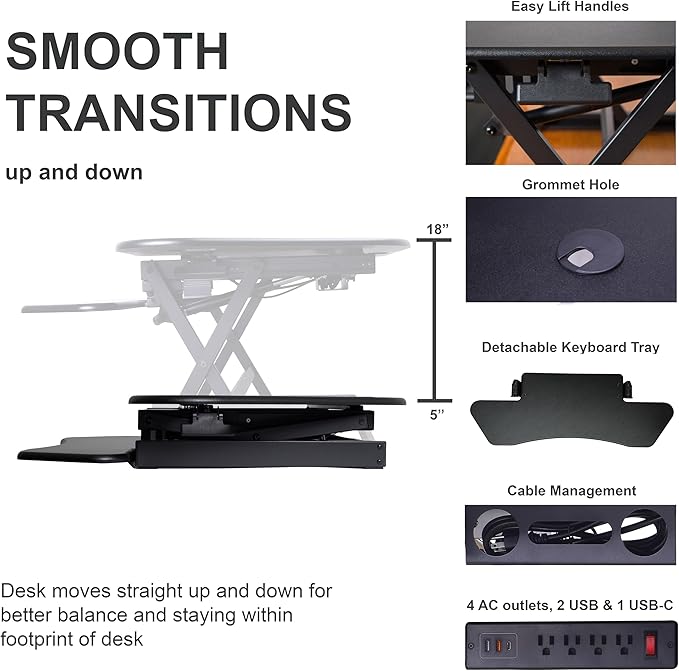 Rocelco 46" Height Adjustable Corner Standing Desk Converter with AC Outlet USB Charger and Dual Monitor Arm Mount - Stand Up Tabletop Riser Workstation - Keyboard Tray - Black (R CADRB-46-ACUSB-DM2)