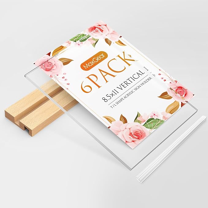 MaxGear L/T Shape Acrylic Sign Holder, 8.5 X 11 Clear Table Display Stand with Wooden Base, Flyer Menu Holder Photo Frames Paper Stand for Office, Wedding, Restaurants, Hotels 6 Pack