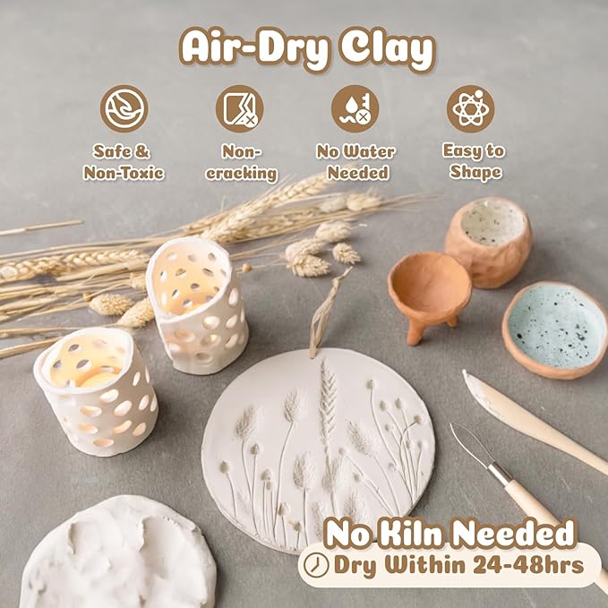 Air Dry Clay for Adults - Pottery kit for Beginner, Air Dry Clay w/Air Dy Clay Tools,White Dry Clay,Sculpting Tools, Gloss Varnish,DIY Plate Making Kit for Arts & Crafts,Christmas Gift