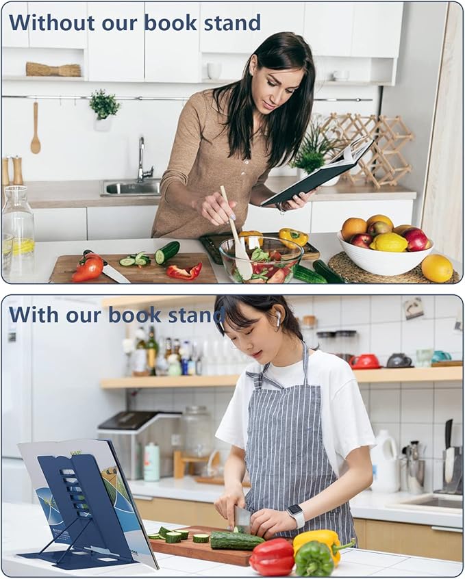 MSDADA Book Stand Metal Reading Rest Book Holder Adjustable Cookbook Documents Holder Portable Sturdy Bookstands for Recipes Textbooks with Page Clips Birthday Gifts for Girls Mom Students(Royal blue)