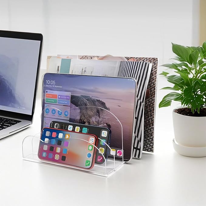 Suwimut Acrylic File Holder 5 Sections, 8.5 x 6.8 x 4.7 Inch Upright File Organizer for Desk, Clear Desktop Folder Holder Mail Letter Sorter for Home Office School Envelope Bill Filling Paper Document