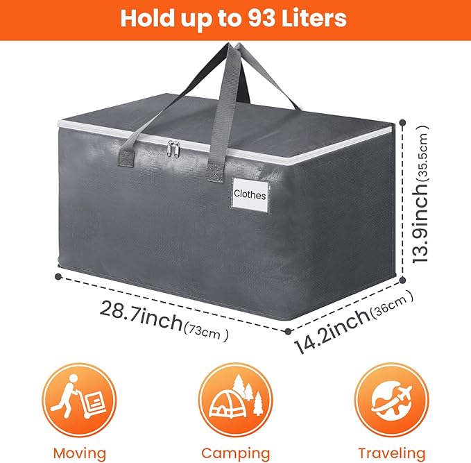 BlissTotes Large Moving Boxes and with Zippers & Handles Moving Supplies with lids, Heavy Duty Totes for Storage Bags for Space Saving, Fold Flat, Moving and Storing, 93L, 10 Pack