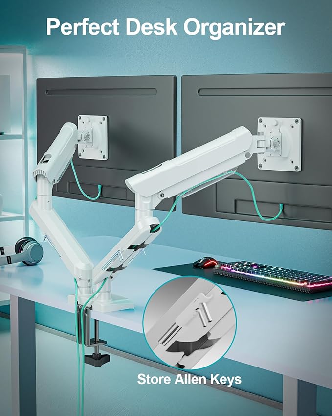 Dual Monitor Mount for 2 Monitors up to 32 inches, Height Adjustable Gas Spring Double Monitor Stand, Two Display Desk Mount Holder, Each Monitor Arm Holds Max 22lbs, VESA Mount, White, Freelift Pro