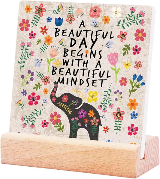 Inspirational Gifts for Teen Girls Women Birthday Christmas-Encouragement Gift Cheer Up Gifts for Friends-Motivational Sign Elephant Ceramic Plaque Desk Decor-A Beautiful Mindset Sign