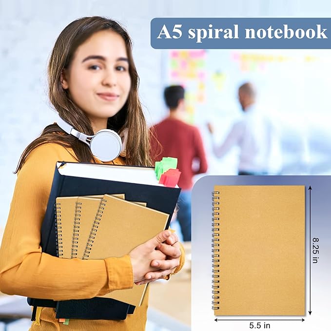 12Pack Small Spiral Notebook A5, 8.25x5.5” 120 Lined Pages Brown Wide Ruled Spiral Journal Bulk Blank Kraft Cover Spiral Bound Notebook & Writing Pads for Home Office Meeting Work Note Taking