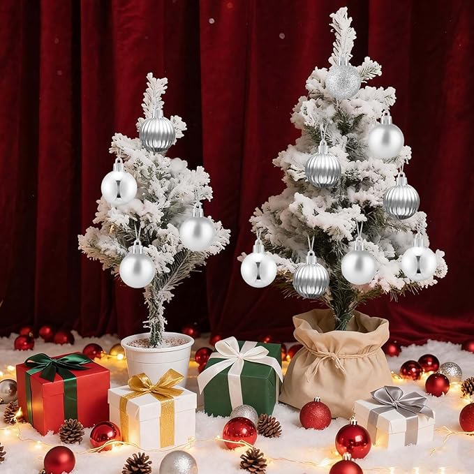 Set of 24 Small Silver Christmas Ornaments Balls for Christmas Tree, 1.2 inch Mini Silver Ornaments for Mini Tree, Plastic Shatterproof Hanging Bulbs Xmas Valentine Party Indoor Outdoor Decorations