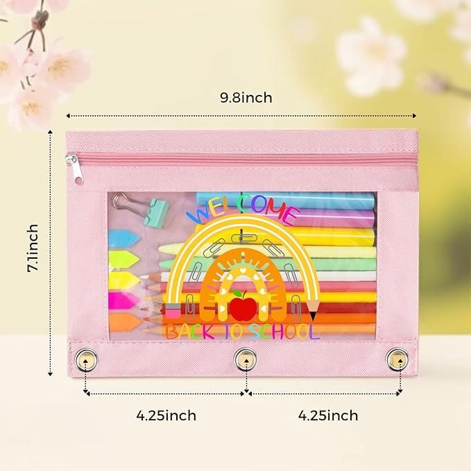 Pencil Pouch for 3 Ring Binder, Back to School Pencil Zipper Case Bag with Three Hole Clear Window for School Supplies