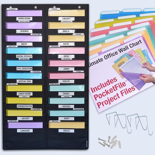 Ultimate Office WalMaster Heavy Duty, 20-Pocket Wall Chart Filing System WITH LABEL HOLDERS for Classroom and Office, Wall File Organizer PLUS 36 PocketFiles, Mounting Hardware & Door Hooks