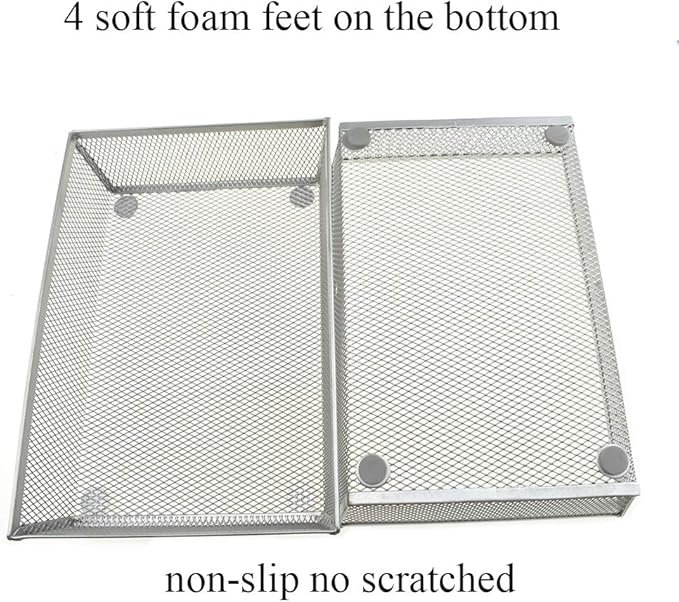 HAHIYO Stackable Mesh Tray Cup 9 x 6 x 2 inches Sturdy Container for Desk Drawer Organizer Collection for Home Office School kitchen Soft Foam Feet No Sharp Edges 1 Pack Silver