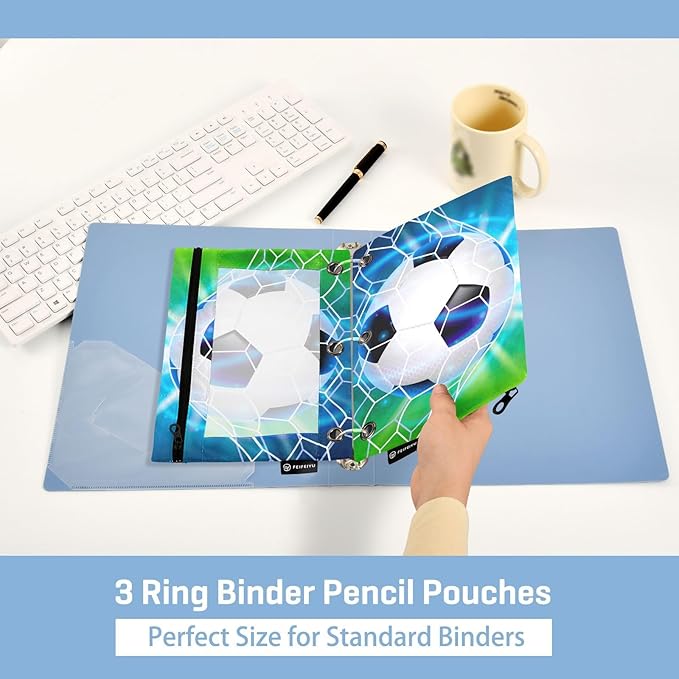 Soccer Ball Football on Field Pencil Pouch for 3 Ring Binder, 2 Pack Waterproof Pencil Bags Clear Window Pencil Case Zipper School Office Supplies