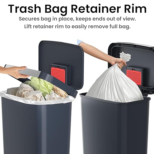 iTouchless SoftStep 13.2 Gal / 50L Step Pedal Kitchen Trash Can with Odor Filter, Stainless Steel Trim Dent-Proof Durable Construction, Garbage Bin with Lid for Home Office, Bedroom, Black Plastic