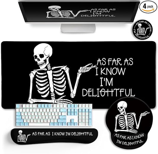 Ergonomic Mouse Pad with Wrist Rest Desk Mat Set, Skeleton Gaming Mouse Pads, Keyboard Mat Wrist Rest Cup Coaster, Funny Office Desk Accessories