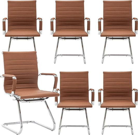 Office Desk Chair Set of 6,No Wheels PU Leather Computer Chairs Mid Back Guest Chairs with Seld Base for School/Reception/Conference/Waiting Room,Cafe