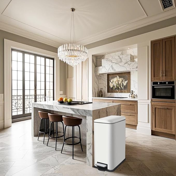 12 Gallon Slim Kitchen Trash Can, Rectangular Trash Can with Removal Inner Bucket and Soft-Close Lid, Foot Pedal, Stainless Steel Garbage Can 45 Liter, White