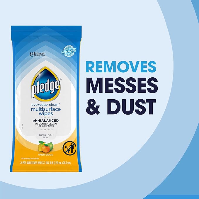 Pledge Multisurface Cleaning Wipes, pH Balanced, Fresh Citrus, 25 Count (Pack of 3, 75 Total Wipes)