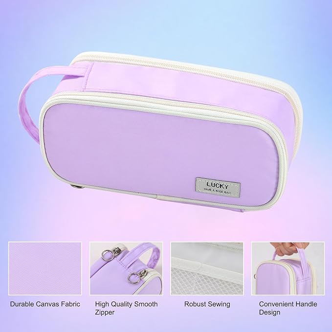 Pencil Case Large Zipper Pencil Pouch for Girls Kids Teens Adults Aesthetic Pencil Bag Stationery Organizer Pen Pencil Case with Handle for School Purple