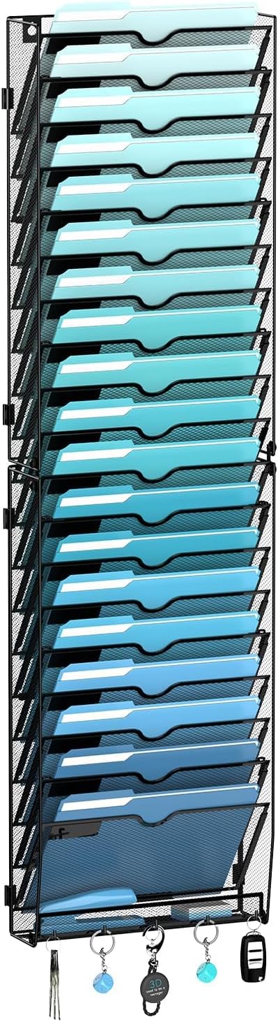 20-Tier Wall File Organizer with 5 Hooks, Hanging Mail Organizer Wall Mounted File Holder, Magazine Rack for Papers, Folders, Magazines, Office Organization, Assembly Needed, Black