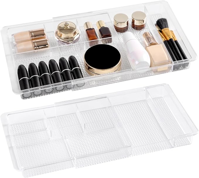 Oubonun Expandable Drawer Organizer 11.1” to 19.2” Width, Shallow Cosmetic Organizer 1.3” Height, 2 Packs, Clear Plastic Storage Trays for Dressing Table,Bathroom
