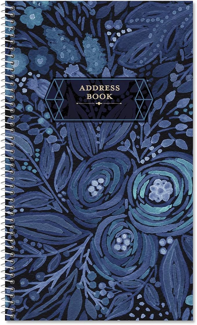 Navy Blossoms Address Book - 94 Pages; 5" x 8-1/2", Spiral-Bound, 50 Replacement Cover Stickers