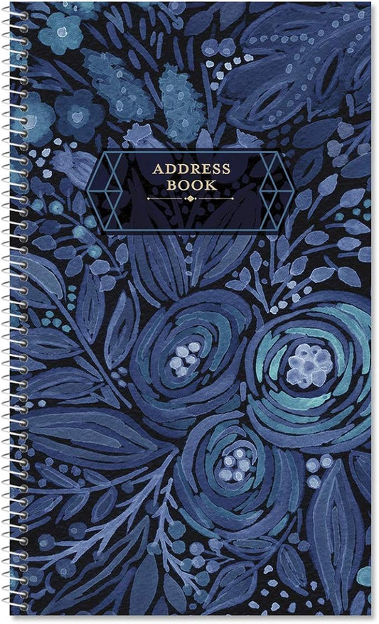 Navy Blossoms Address Book - 94 Pages; 5" x 8-1/2", Spiral-Bound, 50 Replacement Cover Stickers