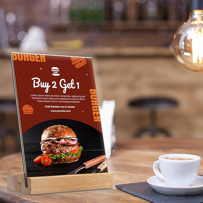 3 Pack Acrylic Sign Holder with Wood Base, Vertical and Slant Menu Flyer Stand, Double Sided Clear Display Stand for Restaurant, Wedding, Store, Office (5x7'', L/T Shape 2 in 1)