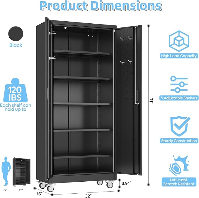 Aobabo Upgraded Garage Storage Cabinets with Wheels,Metal Storage Cabinets with 5 Adjustable Shelves for Garage Home Office Storage, Black,71''H*32''W*16''D,Assembly Required