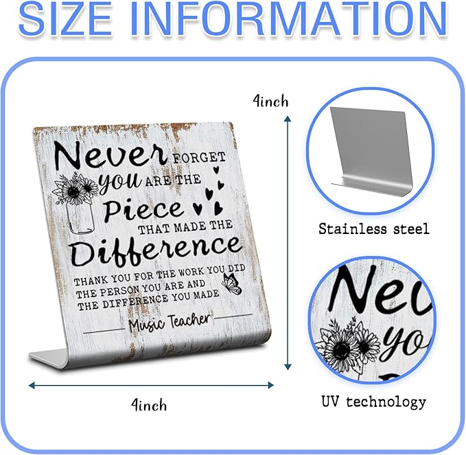 TRCENDE Never Forget Music Teacher Sign, 4"x4", Stainless Steel, Tabletop Decor, Gift, Motivational Decor